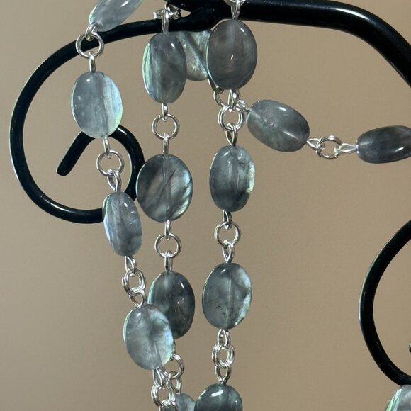 Genuine Grey Tourmalinated Quartz Short Necklace, Gemstone & Leaf Branch Pendant - Picture 10 of 14